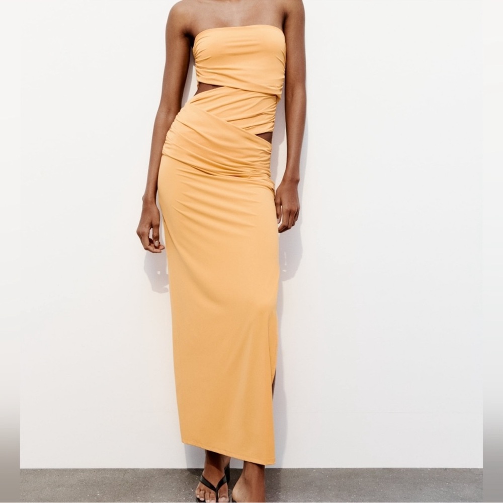Zara Orange Strapless Ruched Bodycon Dress